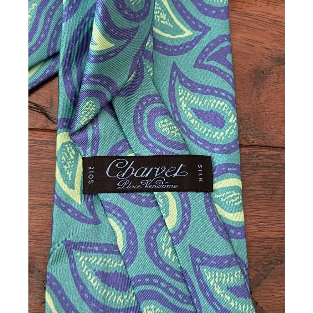 $325 NWT Charvet Paris Blue Alternating Pasiley Pattern 100% Silk Neck Tie